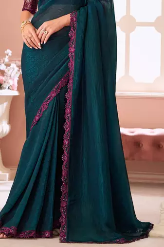 Peacock blue fancy fabric designer lace border saree with heavy work blouse for wedding party