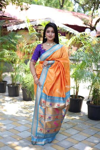 orange woven paithani silk blend saree with blouse