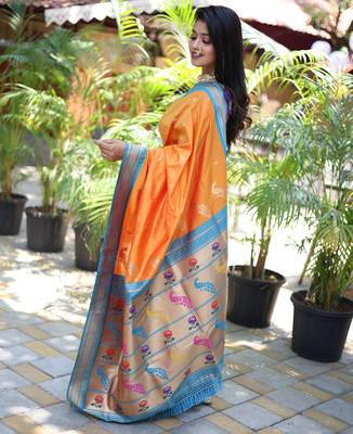 orange woven paithani silk blend saree with blouse 2