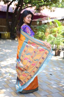 orange woven paithani silk blend saree with blouse 3