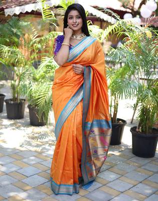 orange woven paithani silk blend saree with blouse 5