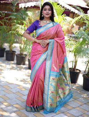 pink woven paithani silk blend saree with blouse 1