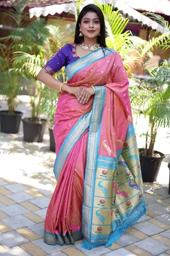 pink woven paithani silk blend saree with blouse
