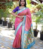 pink woven paithani silk blend saree with blouse
