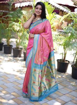 pink woven paithani silk blend saree with blouse 2