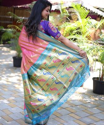 pink woven paithani silk blend saree with blouse 3