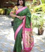 green woven paithani silk blend saree with blouse
