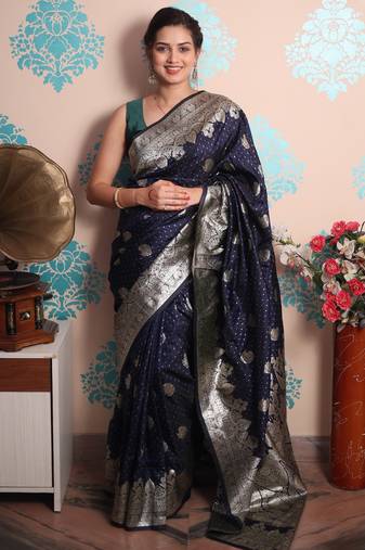 navy woven banarasi silk blend saree with blouse