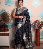 navy woven banarasi silk blend saree with blouse