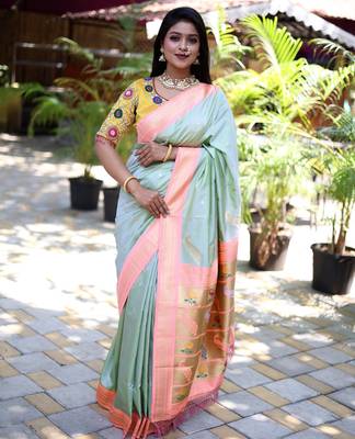 light green woven paithani silk blend saree with blouse 1