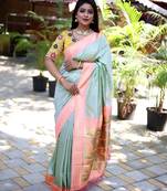 light green woven paithani silk blend saree with blouse