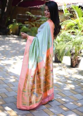 light green woven paithani silk blend saree with blouse 2