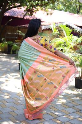 light green woven paithani silk blend saree with blouse 3