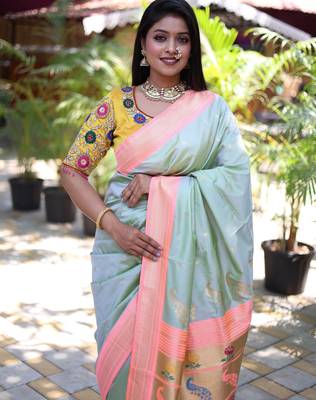light green woven paithani silk blend saree with blouse 4