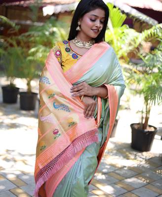 light green woven paithani silk blend saree with blouse 5