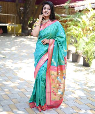 turquoise woven paithani silk blend saree with blouse 1