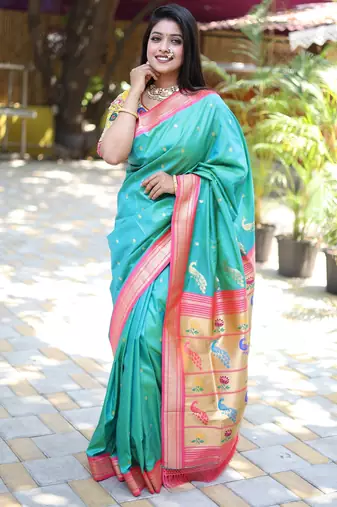 turquoise woven paithani silk blend saree with blouse