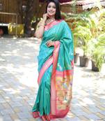 turquoise woven paithani silk blend saree with blouse