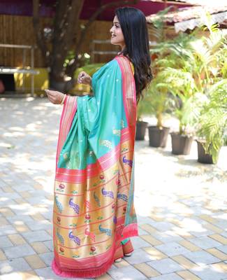 turquoise woven paithani silk blend saree with blouse 2