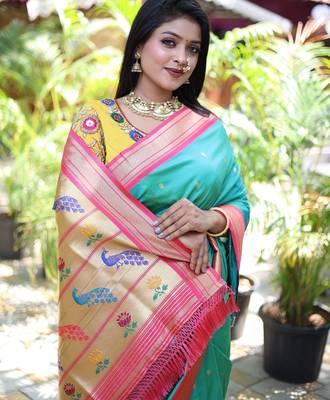 turquoise woven paithani silk blend saree with blouse 5