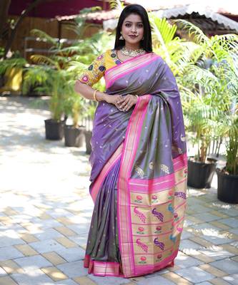 purple woven paithani silk blend saree with blouse 1