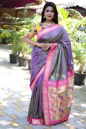 purple woven paithani silk blend saree with blouse