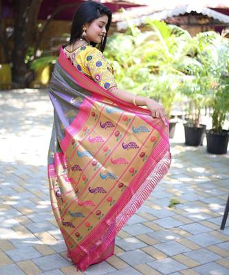 purple woven paithani silk blend saree with blouse 2