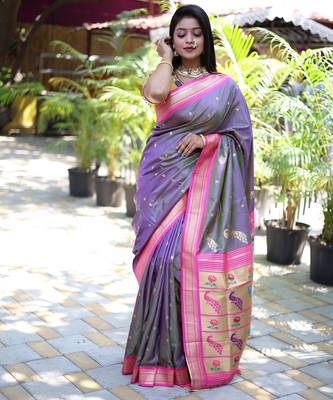 purple woven paithani silk blend saree with blouse 3