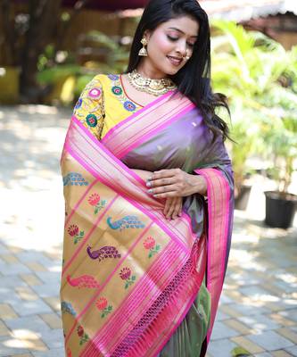 purple woven paithani silk blend saree with blouse 5