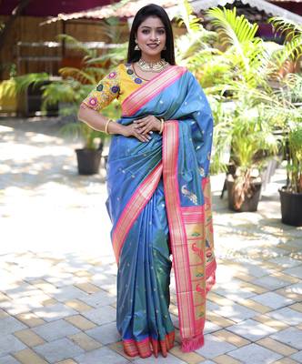 blue woven paithani silk blend saree with blouse 1