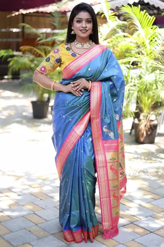 blue woven paithani silk blend saree with blouse