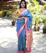 blue woven paithani silk blend saree with blouse