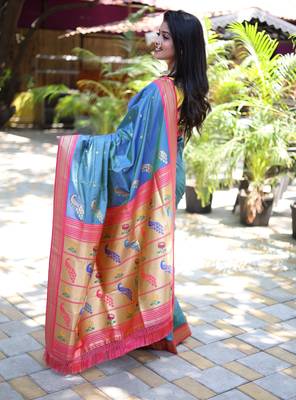 blue woven paithani silk blend saree with blouse 2