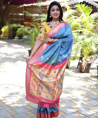 blue woven paithani silk blend saree with blouse 3