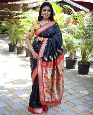 black woven paithani silk blend saree with blouse 1