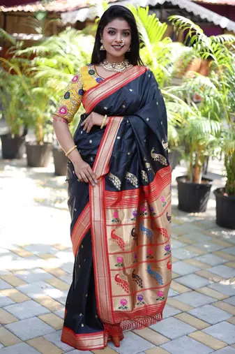 black woven paithani silk blend saree with blouse