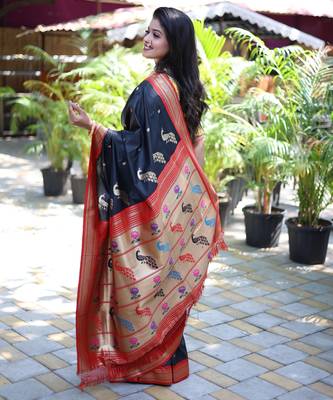 black woven paithani silk blend saree with blouse 2