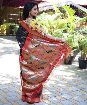 black woven paithani silk blend saree with blouse 3