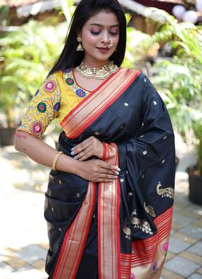 black woven paithani silk blend saree with blouse 4
