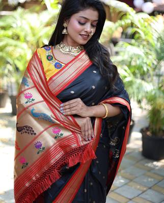 black woven paithani silk blend saree with blouse 5
