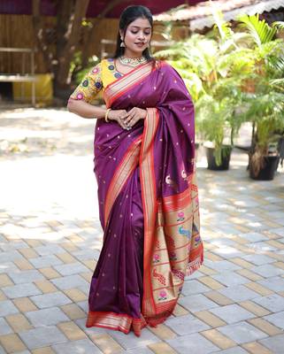wine woven paithani silk blend saree with blouse 1