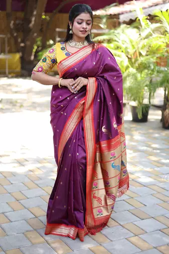 wine woven paithani silk blend saree with blouse