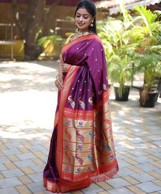 wine woven paithani silk blend saree with blouse 2