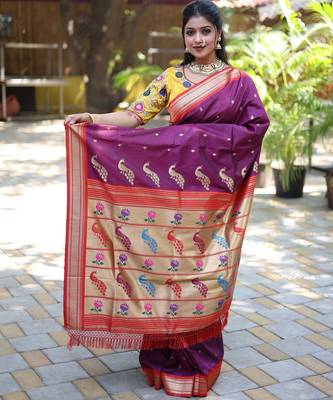 wine woven paithani silk blend saree with blouse 3