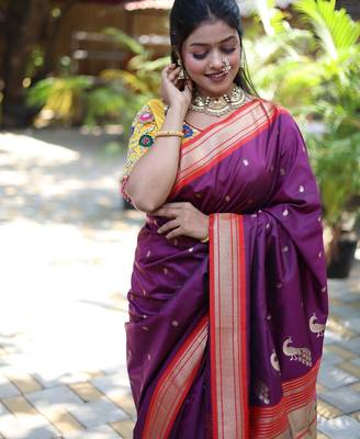 wine woven paithani silk blend saree with blouse 4