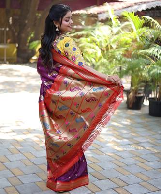 wine woven paithani silk blend saree with blouse 5