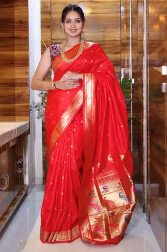 red woven paithani silk blend saree with blouse