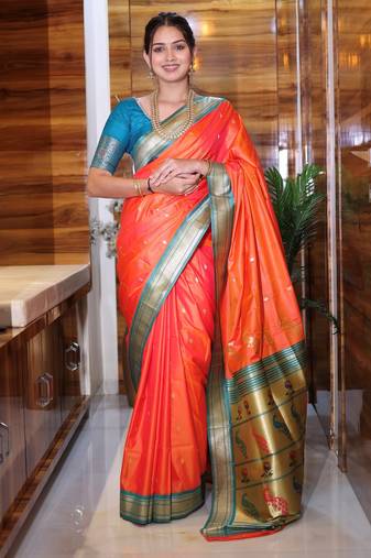 orange woven paithani silk blend saree with blouse