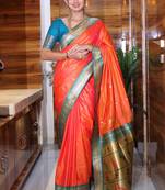 orange woven paithani silk blend saree with blouse