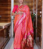 peach woven paithani silk blend saree with blouse